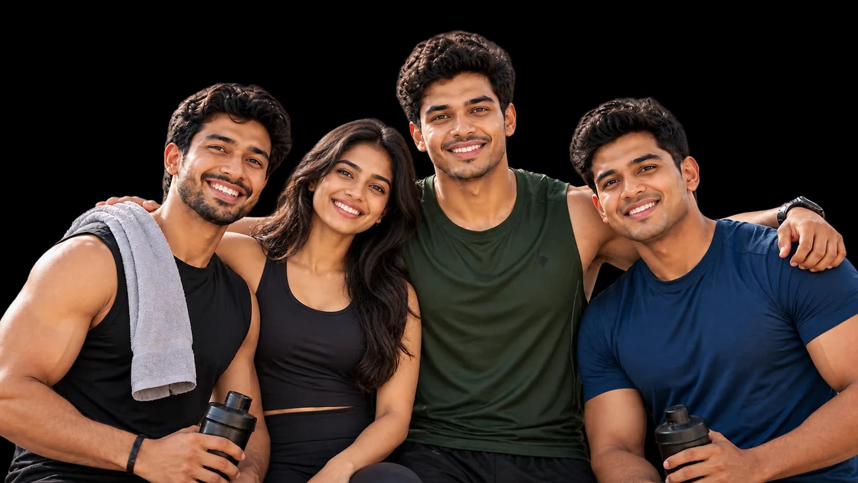 Four friends in gym wear, three men and a woman, smiling, two holding shaker bottles